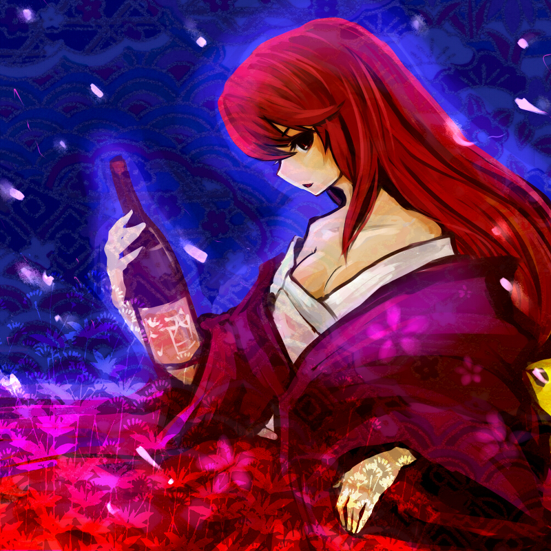 bare_shoulders bottle bow breasts chagu cherry_blossoms cleavage flower hair_bow japanese_clothes kimono kotohime long_hair medium_breasts off_shoulder petals profile red_eyes red_hair solo touhou touhou_(pc-98)