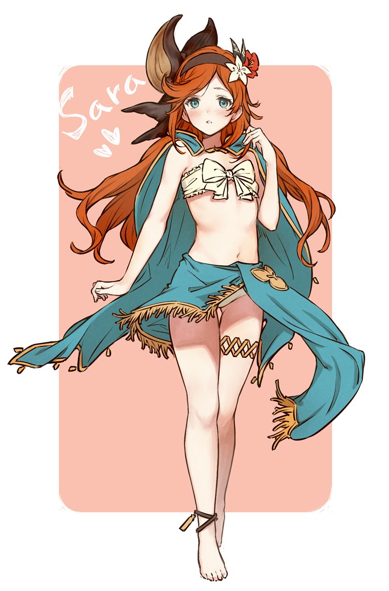 1girl barefoot bikini blue_eyes cape character_name flower front-tie_bikini front-tie_top granblue_fantasy hair_flower hair_ornament hairband long_hair orange_hair saboten sara_(granblue_fantasy) sarong swimsuit thigh_strap