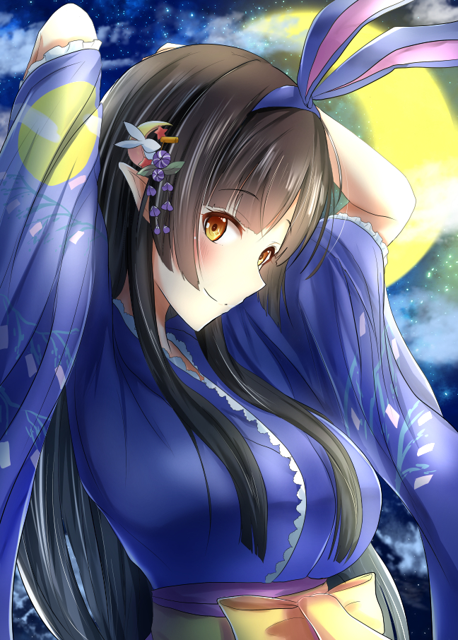 1girl arms_up black_hair blue_kimono breasts character_request copyright_request crescent_moon eyebrows_visible_through_hair hair_between_eyes hair_ornament hairband japanese_clothes kimono long_hair long_sleeves looking_at_viewer looking_to_the_side medium_breasts moon night night_sky pointy_ears ram_hachimin sky smile solo upper_body virtual_youtuber wide_sleeves yellow_eyes yukata