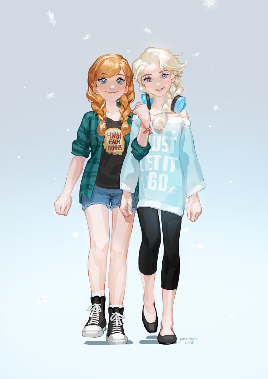 2girls anna_(frozen) bangs bare_legs black_footwear black_legwear black_shirt blonde_hair blue_background blue_eyes blue_shorts blush braid checkered checkered_shirt closed_mouth collarbone disney elsa_(frozen) family frozen_(disney) full_body gradient gradient_background hand_on_another's_arm headphones headphones_around_neck highres jane_mere long_hair long_sleeves looking_at_viewer multiple_girls open_clothes open_shirt orange_hair parted_lips shadow shirt shoes shorts siblings simple_background single_braid sisters sleeves_rolled_up smile sneakers snowing twin_braids walking