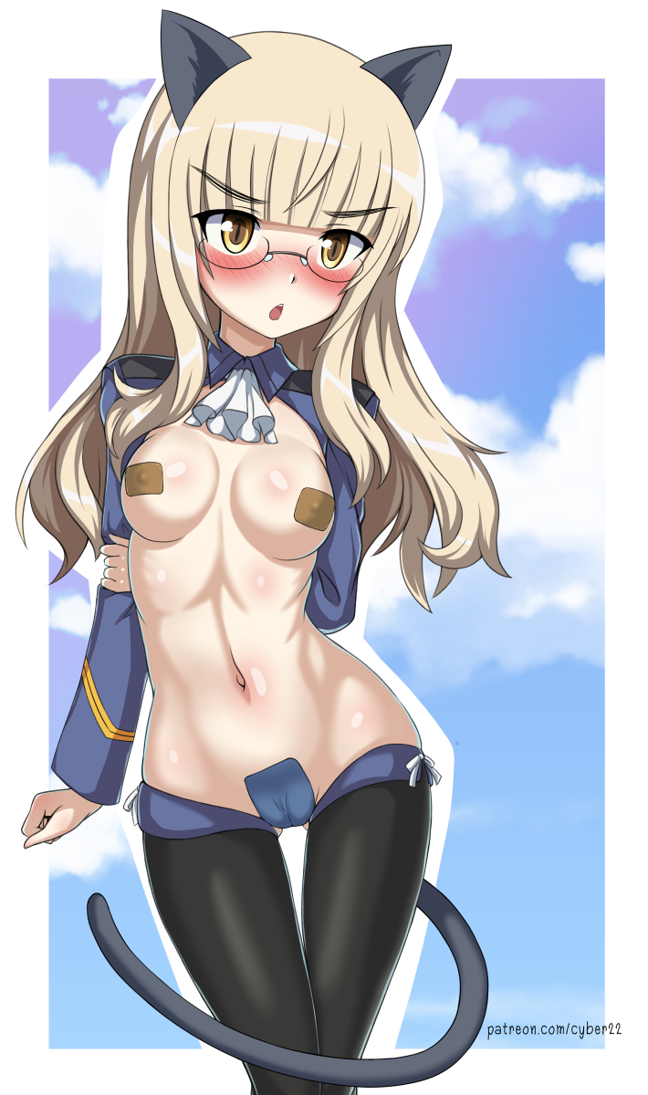 1girl animal_ears bandaid bandaid_on_pussy bandaids_on_nipples black_legwear blonde_hair blush border breasts breasts_apart breasts_outside cameltoe cat_ears cat_tail cloud cloudy_sky covered_nipples cyber_(cyber_knight) eyebrows_visible_through_hair feet_out_of_frame glasses groin highres long_hair medium_breasts navel neckerchief open_mouth pasties perrine_h_clostermann shiny shiny_hair shiny_skin sky small_breasts solo standing strike_witches tail thighhighs white_border white_neckwear world_witches_series yellow_eyes