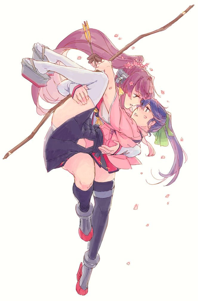 2girls arrow asymmetrical_legwear black_legwear blue_eyes blue_hair blue_hakama bow bow_(weapon) brown_hair carrying cherry_blossoms commentary detached_sleeves eye_contact flower geta gloves green_bow hair_bow hair_flower hair_ornament hakama headgear hip_vent holding holding_arrow holding_bow_(weapon) holding_weapon houshou_(kantai_collection) japanese_clothes kantai_collection kimono kneehighs long_hair long_sleeves looking_at_another miniskirt multiple_girls parted_lips partly_fingerless_gloves petals pink_kimono pleated_skirt ponytail princess_carry rudder_footwear simple_background single_kneehigh single_thighhigh skirt tasuki thighhighs very_long_hair weapon weidashming white_background white_legwear yamato_(kantai_collection) yugake
