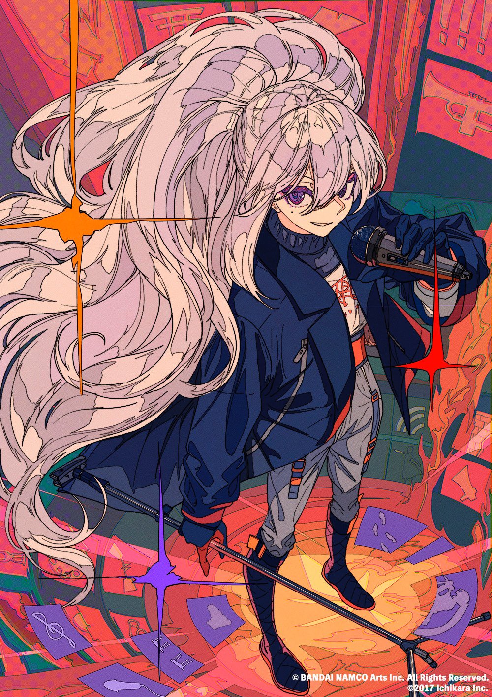 1girl black_footwear boots check_character full_body gloves grey_hair grey_pants hair_between_eyes highres higuchi_kaede holding holding_microphone holding_microphone_stand instrument jacket kogecha_(coge_ch) long_hair long_sleeves microphone microphone_stand mole mole_under_eye nijisanji open_clothes open_jacket pants parted_lips ponytail smile solo standing treble_clef trumpet very_long_hair virtual_youtuber zipper zipper_pull_tab