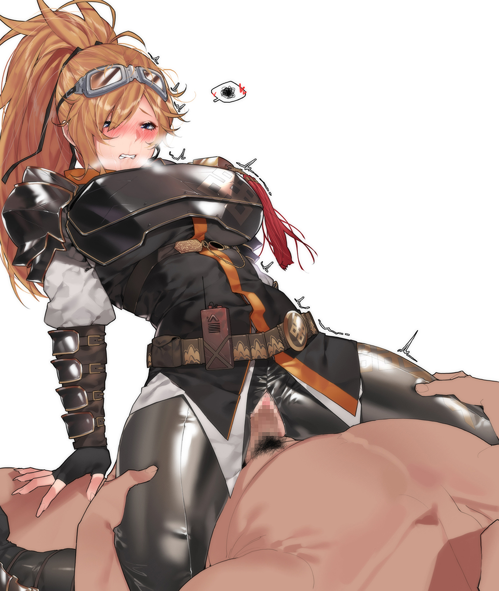 1boy 1girl arm_support belt biting black_gloves black_shirt blue_eyes blush breastplate breasts censored clothed_female_nude_male cowgirl_position dungeon_and_fighter female_gunner_(dungeon_and_fighter) fingerless_gloves girl_on_top gloves goggles goggles_on_head grey_pants hair_over_one_eye heart hetero high_ponytail large_breasts leaning_back lip_biting long_hair mimyo mosaic_censoring nose_blush nude orange_hair pants penis ponytail pussy sex shiny shiny_clothes shirt simple_background solo_focus spread_legs straddling tears thigh_grab torn_clothes torn_pants trembling underbust utility_belt vaginal walkie-talkie white_background