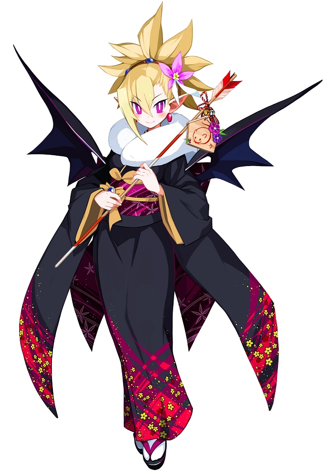 arrow asymmetrical_bangs bangs blonde_hair blush bright_pupils demon_girl demon_wings disgaea disgaea_rpg flower full_body fur_scarf hair_flower hair_ornament hamaya holding japanese_clothes kimono long_sleeves looking_at_viewer official_art pink_eyes pointy_ears rozalin sandals simple_background slit_pupils smile tabi white_background wings