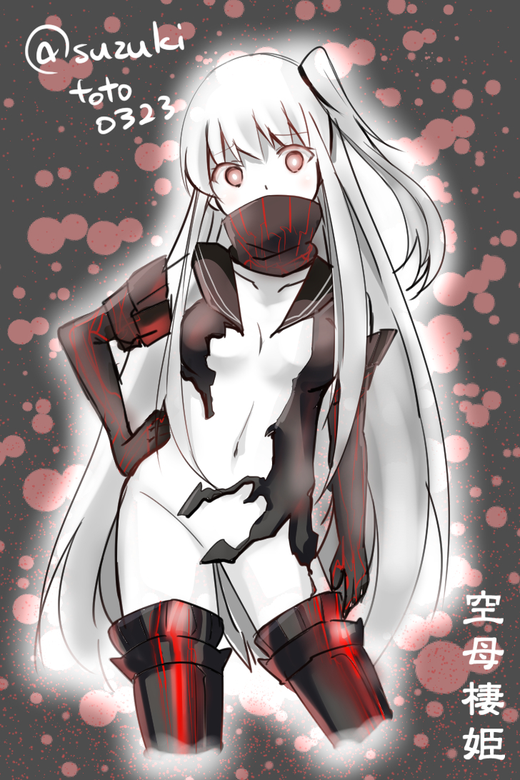 1girl aircraft_carrier_hime bangs black_scarf breasts collarbone commentary_request covered_mouth cowboy_shot elbow_gloves eyebrows_visible_through_hair gloves hand_on_hip kantai_collection long_hair looking_at_viewer medium_breasts midriff navel one_side_up pale_skin red_eyes scarf scarf_over_mouth school_uniform serafuku shirt sketch solo suzuki_toto thighhighs torn_clothes torn_shirt twitter_username white_hair white_skin