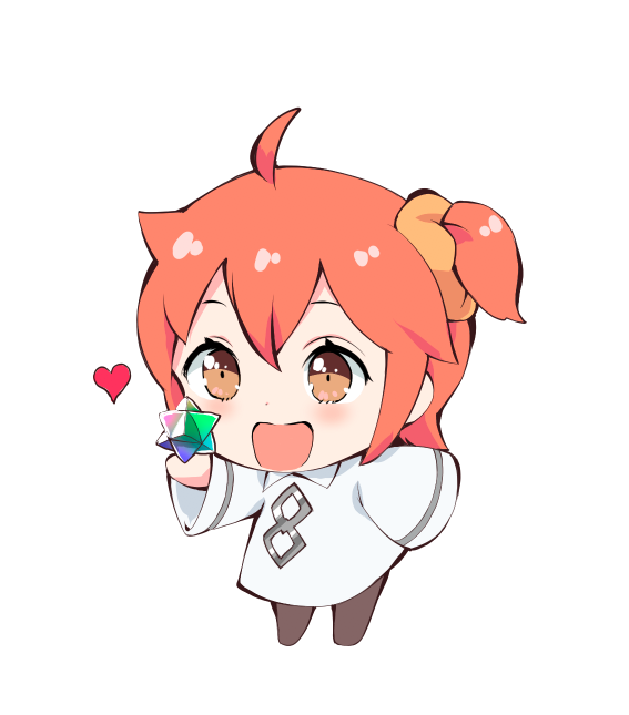 1girl ahoge black_legwear brown_eyes chibi commentary_request fate/grand_order fate_(series) fujimaru_ritsuka_(female) hair_ornament hair_scrunchie heart kotanu_(kotanukiya) open_mouth orange_hair saint_quartz scrunchie side_ponytail smile solo younger