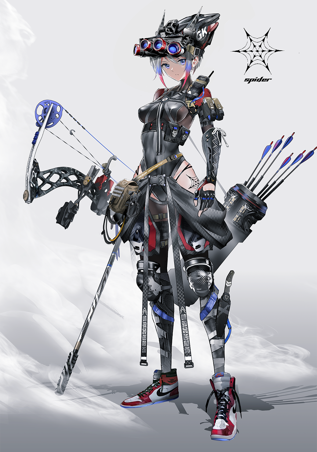 1girl arrow bag black_bodysuit black_gloves black_legwear blue_eyes blue_hair bodysuit bow_(weapon) bracer breasts closed_mouth compound_bow covered_navel cross-laced_footwear dagger english_commentary expressionless fanny_pack fingerless_gloves full_body gloves grey_background headpiece highres holster knee_pads looking_at_viewer medium_breasts multicolored_hair nike original quiver red_footwear red_hair satchel science_fiction scope shoes short_hair silk silver_hair simple_background skin_tight smoke sneakers solo spider_web spider_web_tattoo standing strap swav thigh_holster thighhighs thighs walkie-talkie weapon