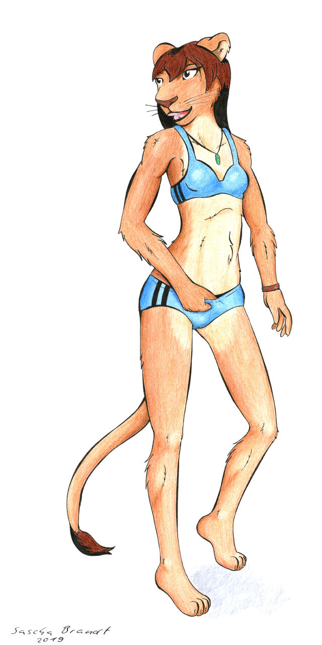 anthro bikini clothing felid feline female hi_res lion lionclaw1 mammal pantherine sandra solo swimwear traditional_media_(artwork)