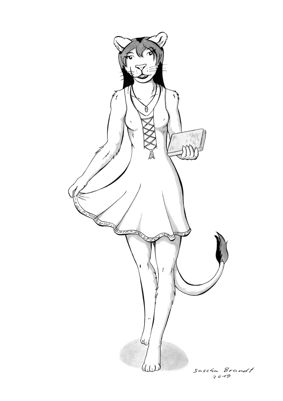 2019 anthro felid female hi_res lion lionclaw1 lionheart mammal monochrome pantherine sandra solo summer_dress traditional_media_(artwork)