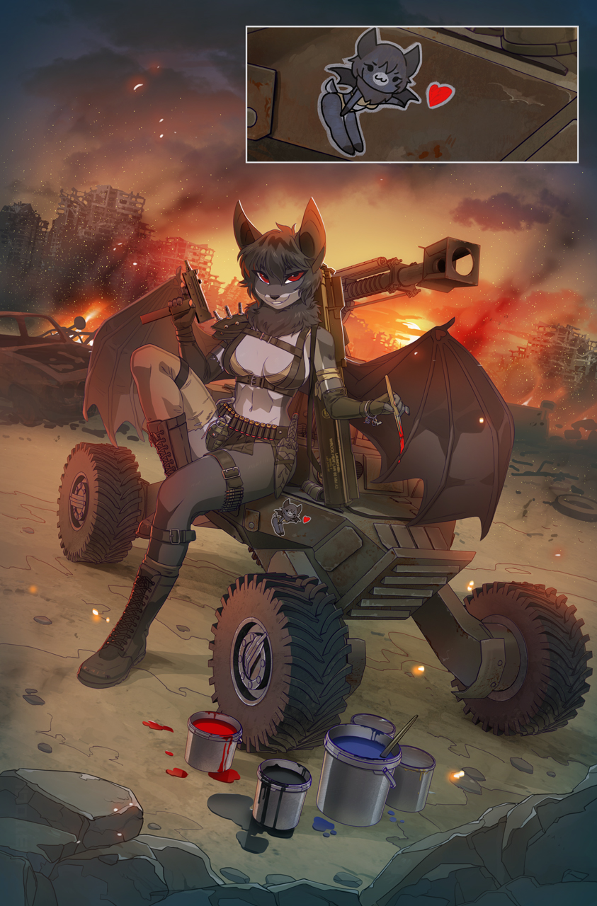 ammo_belt anthro armwear boots bra chiropteran city cityscape clothed clothing crossout day detailed_background elbow_gloves explosives female fingerless_gloves footwear gloves grenade gun handwear hi_res holding_gun holding_object holding_weapon legwear mammal melloque midriff navel outside paint pinup pose ranged_weapon red_eyes rocket_launcher shoulder_pads smile solo stockings submachine_gun underwear vehicle weapon