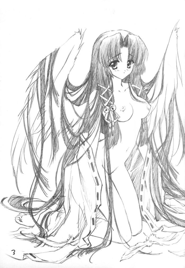 air breasts carnelian greyscale japanese_clothes kannabi_no_mikoto long_hair medium_breasts monochrome nipples sketch solo undressing wings
