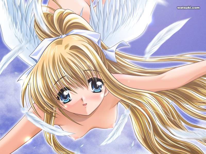 air angel angel_wings blonde_hair breasts collarbone feathers flying from_below green_eyes kamio_misuzu long_hair looking_at_viewer nipples nude outstretched_arms ponytail small_breasts solo very_long_hair watsuki_ayamo wings