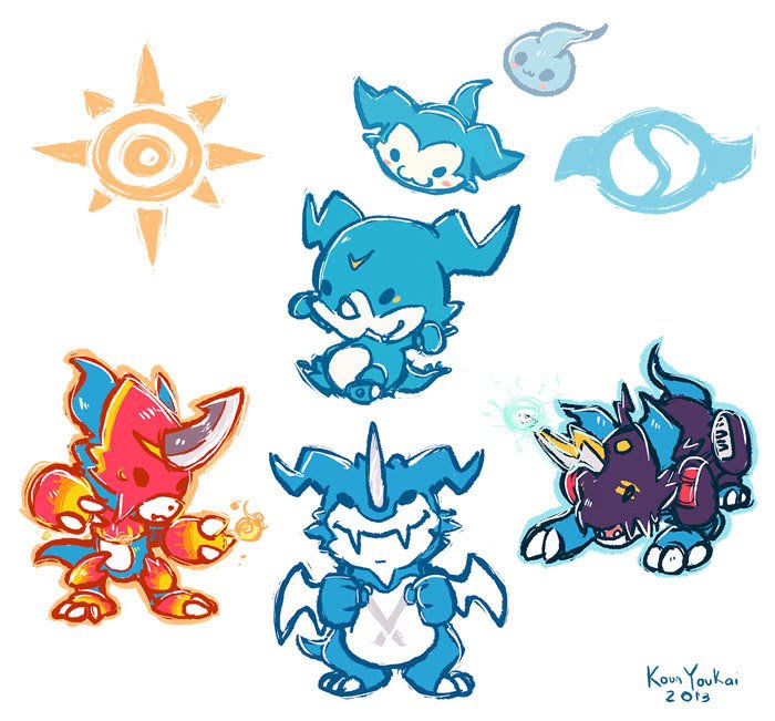 2013 ambiguous_gender anthro armor attack blue_body blush chibi chibomon claws crest_of_courage crest_of_friendship cute_fangs demiveemon digimon digimon_(species) digimon_crest evolutionary_family exveemon fangs feral fire flamedramon head_markings headgear helmet horn kounyoukai light lighting markings raidramon reptile scalie simple_background smile spikes symbol teeth veemon waddling_head white_background white_wings wings