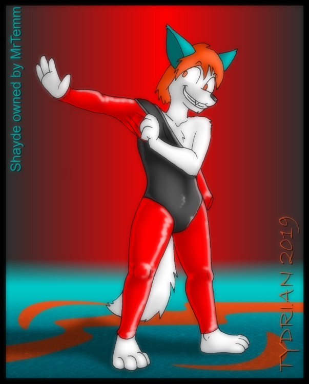 anthro artist_name canid canine clothing digital_media_(artwork) fox fur hair male mammal rubber rubber_suit simple_background skinsuit smile solo tight_clothing tydrian