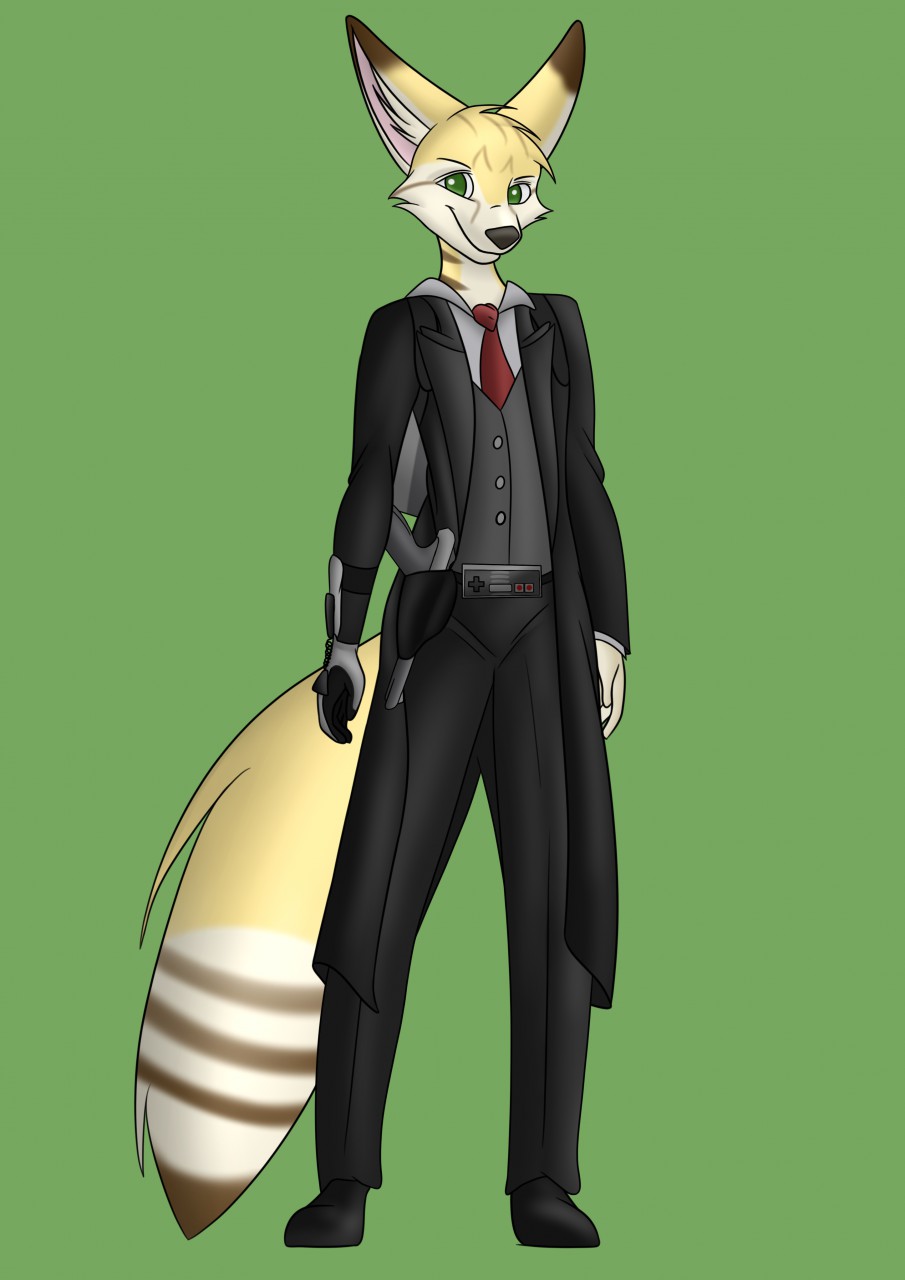 anthro armor aventis_vixxx canid canine clothed clothing controller fennec fennecat fox fur gauntlets gloves green_eyes gun handgun handwear hi_res male mammal nintendo pistol ranged_weapon simple_background solo striped_body striped_fur stripes video_games weapon yellow_body yellow_fur