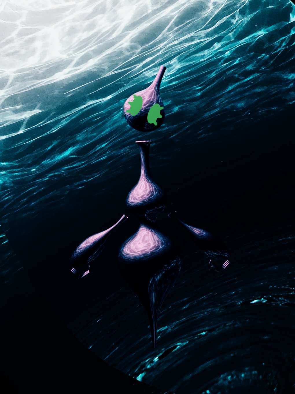 2020 3d_(artwork) amphorae animate_inanimate big_forearms ceramics dark dark_theme digital_media_(artwork) female fingers floating floating_arms floating_head green_eyes head_tilt hi_res looking_at_viewer mouthless not_furry pasu pink_body pinkmoth pottery scary solo underwater vase water wide_hips