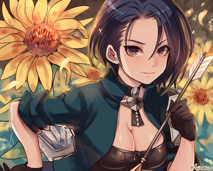 &gt;:) 1girl arrow black_choker black_gloves black_hair blue_jacket blush breasts brown_eyes choker cleavage closed_mouth fire_emblem fire_emblem:_three_houses flower forehead fujimaru_(green_sparrow) gloves holding_arrow jacket leaning_forward medium_breasts open_clothes open_jacket petals shamir_nevrand short_hair short_sleeves smile solo sunflower twitter_username upper_body yellow_flower