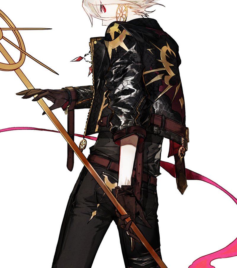 1boy alternate_costume belt black_jacket black_pants black_shirt brown_belt brown_gloves casual earrings fate/apocrypha fate_(series) from_behind gloves holding holding_weapon jacket jewelry karna_(fate) leather leather_jacket looking_at_viewer looking_back mo_(mocopo) necklace open_clothes open_jacket pants profile red_eyes red_string shirt simple_background solo staff standing string weapon white_background white_hair