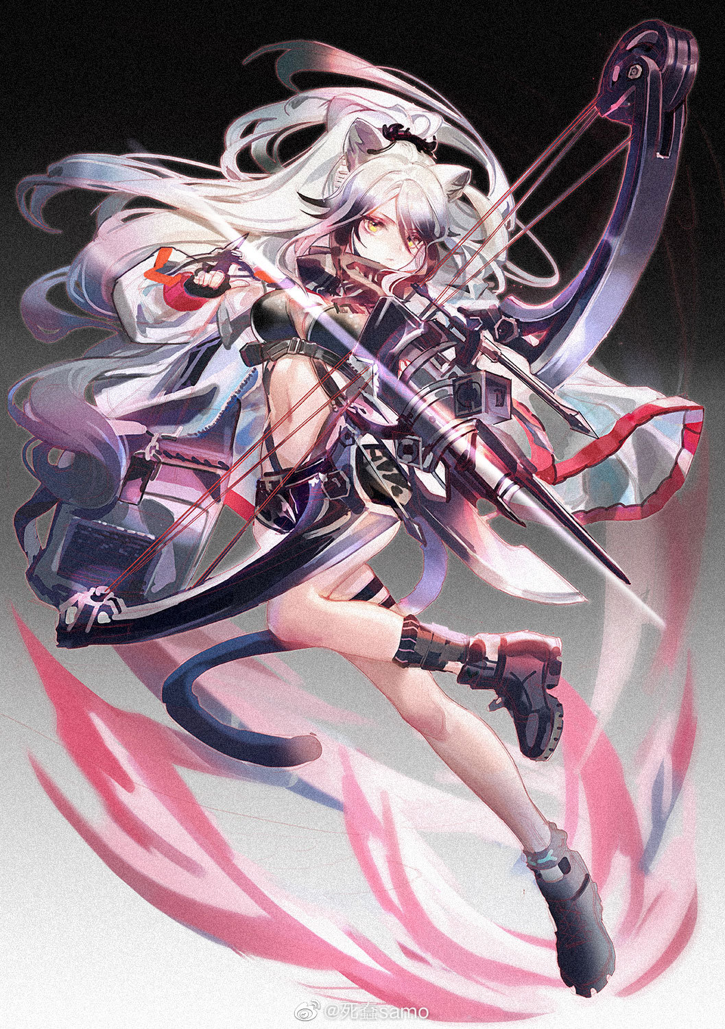 1girl animal_ears arknights arrow aura bare_legs black_bikini_top black_footwear black_gloves black_hair black_scarf black_shorts boots bow bow_(weapon) breasts cat_ears cat_tail cleavage compound_bow fingerless_gloves floating_hair full_body gloves highres jacket long_hair looking_at_viewer medium_breasts midriff multicolored_hair navel open_clothes open_jacket ponytail samo_(shichun_samo) scarf schwarz_(arknights) short_shorts shorts silver_hair solo tail thigh_strap thighs two-tone_hair weapon weibo_username white_jacket yellow_eyes