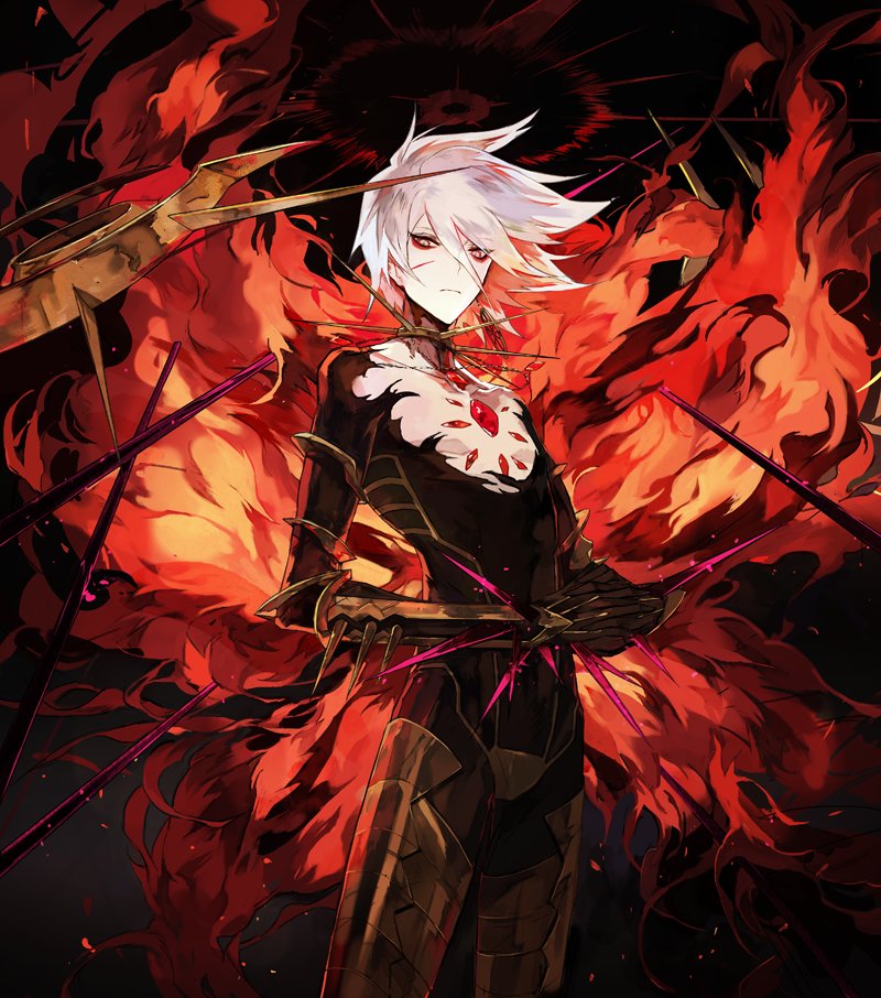 1boy black_bodysuit bodysuit cape chest_jewel closed_mouth commentary cowboy_shot eyeshadow facial_scar fate/apocrypha fate_(series) fire interlocked_fingers karna_(fate) looking_at_viewer makeup male_focus mo_(mocopo) own_hands_together red_cape scar scar_on_cheek solo spikes standing white_hair