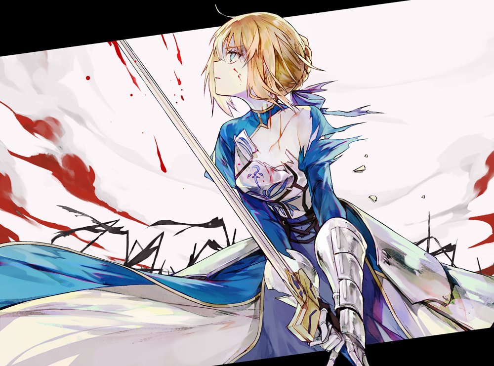 1girl ahoge artoria_pendragon_(all) blonde_hair blood blood_on_face blue_dress blue_eyes braid braided_bun breastplate dress excalibur fate/stay_night fate_(series) faulds gauntlets holding holding_sword holding_weapon juliet_sleeves long_sleeves mo_(mocopo) parted_lips profile puffy_sleeves saber solo standing sword two-handed weapon
