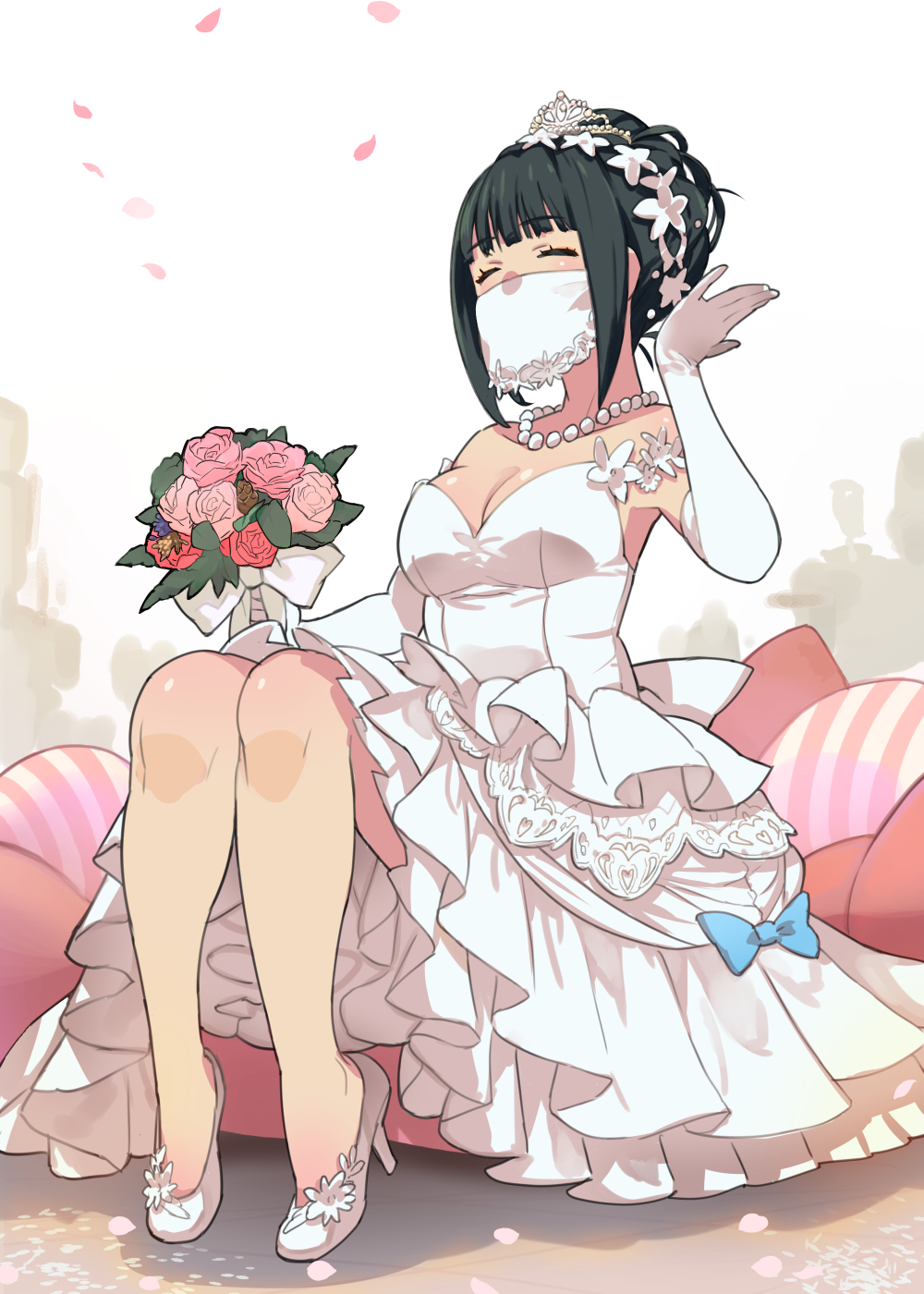 1girl ^_^ bangs black_hair bouquet breasts bubble_skirt cleavage closed_eyes dress elbow_gloves eyelashes flower gloves hair_bun hair_flower hair_ornament hassu high_heels highres jewelry large_breasts mouth_veil necklace novelia shoes sitting skirt ssss.gridman tiara veil wedding_dress white_dress white_footwear white_gloves