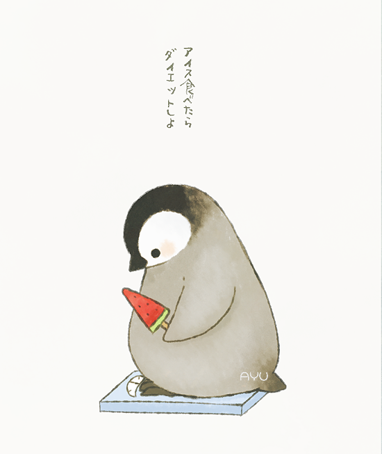 ayu_(mog) bathroom_scale bird blush chick commentary emperor_penguin food from_side holding original penguin popsicle signature simple_background translation_request watermelon_bar weighing_scale weight_conscious white_background