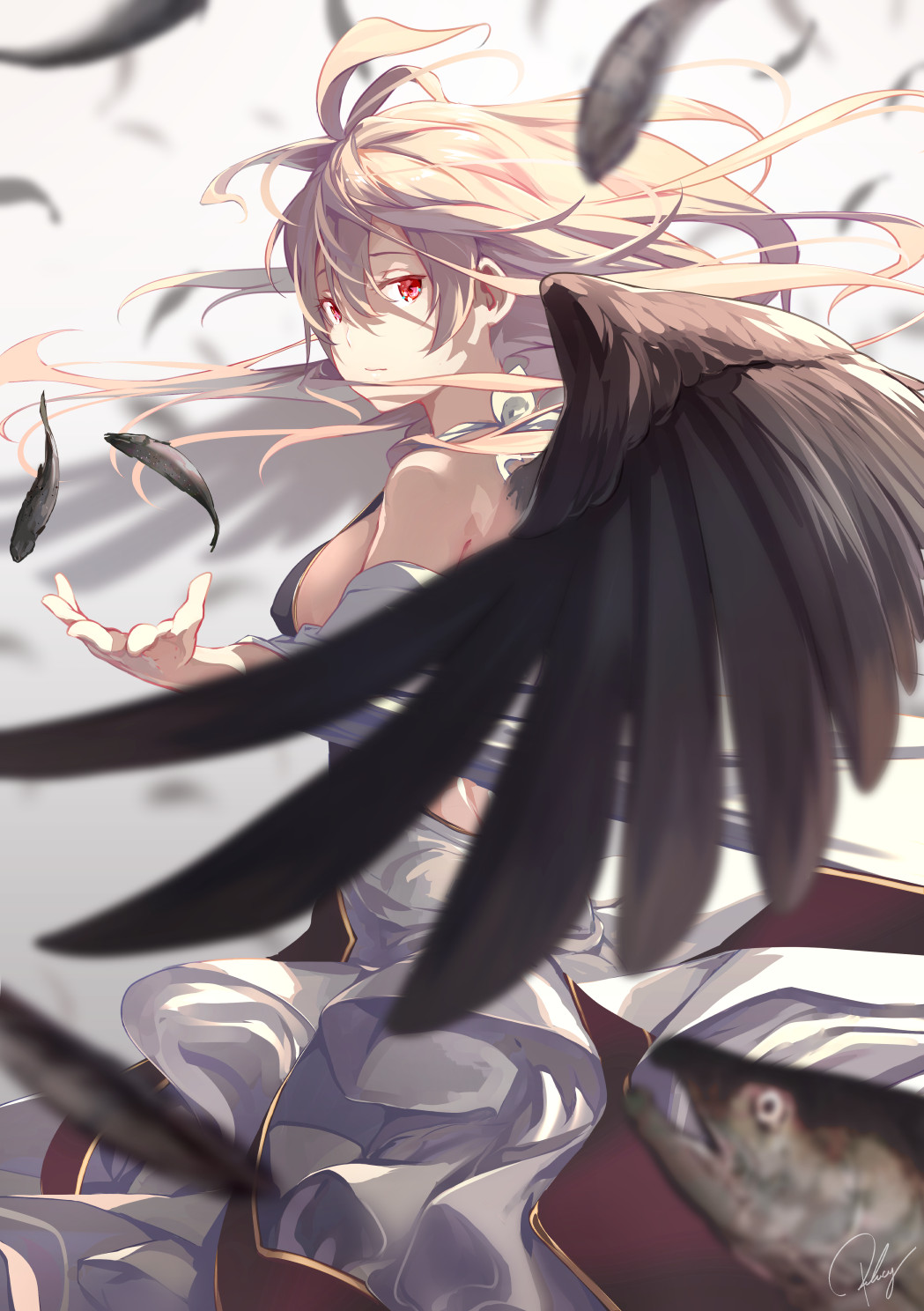 1girl ahoge bangs bare_shoulders black_feathers breasts closed_mouth commentary_request dress falling_feathers fish from_side hair_between_eyes highres large_breasts long_hair looking_at_viewer looking_to_the_side original outstretched_hand platinum_blonde_hair re_lucy red_eyes sideboob skirt white_dress wings