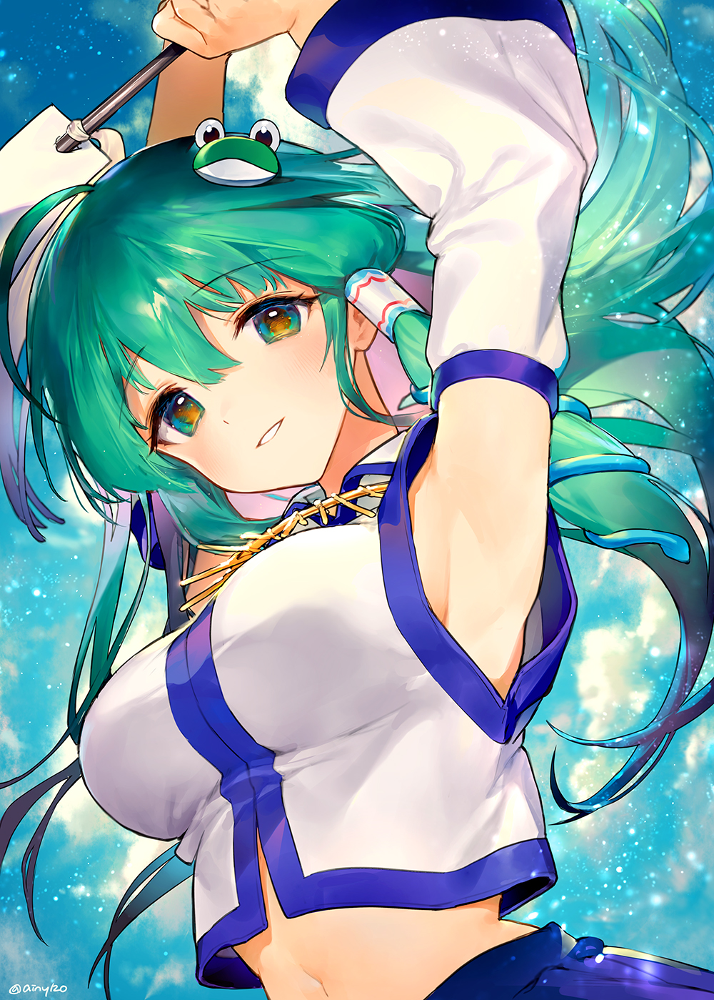 1girl ahoge ainy77 aqua_hair armpits arms_up artist_name bangs bare_shoulders blue_eyes blue_skirt blue_sky breasts commentary_request detached_sleeves eyebrows_visible_through_hair frog_hair_ornament grin hair_between_eyes hair_ornament hair_tubes head_tilt highres holding jewelry kochiya_sanae large_breasts light_particles long_hair long_sleeves looking_at_viewer midriff multicolored multicolored_eyes navel necklace orange_eyes outdoors parted_lips shirt sidelocks skirt sky smile snake_hair_ornament solo stomach touhou twitter_username upper_body white_shirt