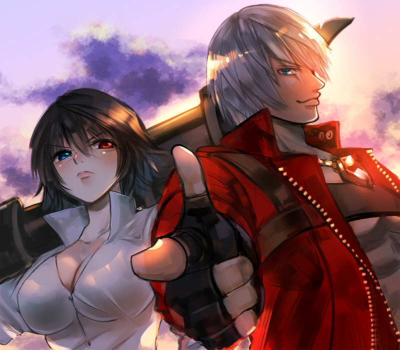 1boy 1girl black_hair blue_eyes breasts cleavage closed_mouth dante_(devil_may_cry) devil_may_cry devil_may_cry_3 fingerless_gloves gloves heterochromia jacket kalina_ann_(weapon) lady_(devil_may_cry) large_breasts looking_at_viewer nagare red_eyes scar short_hair smile weapon white_hair