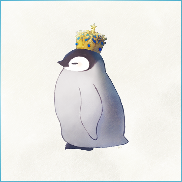 ayu_(mog) bird closed_eyes crown emperor_penguin from_side full_body grey_background no_humans original penguin simple_background symbol_commentary