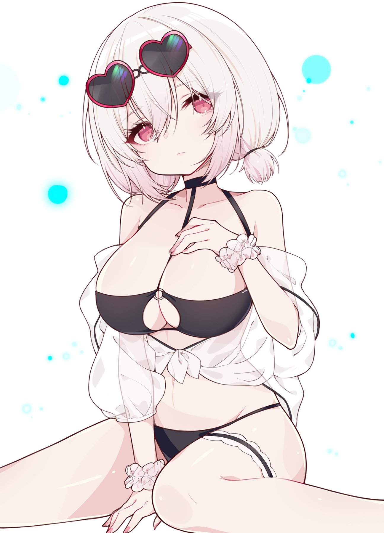 1girl azur_lane bangs bikini black_bikini black_footwear blush breasts cleavage collarbone eyebrows_visible_through_hair eyewear_on_head fukurou_(hvgd5584) hair_between_eyes heart heart-shaped_eyewear highres looking_at_viewer navel o-ring o-ring_top red_eyes scrunchie short_hair sirius_(azur_lane) sirius_(midsummer_seirios)_(azur_lane) sitting solo sunglasses swimsuit thigh_strap white_hair white_scrunchie wrist_scrunchie