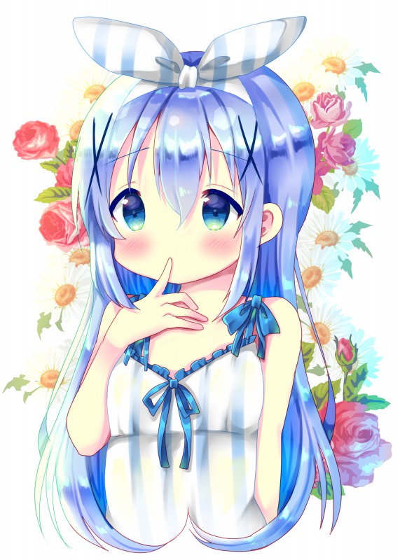 1girl alternate_costume arm_at_side arm_up bare_arms blue_eyes blue_hair blush chocolat_(momoiro_piano) commentary_request cropped_torso daisy dress eyebrows_visible_through_hair finger_to_mouth floral_background flower gochuumon_wa_usagi_desu_ka? hair_between_eyes hair_ornament hair_ribbon kafuu_chino long_hair looking_at_viewer purple_flower purple_rose red_flower red_rose ribbon rose solo standing striped striped_dress striped_ribbon sundress upper_body very_long_hair white_background x_hair_ornament