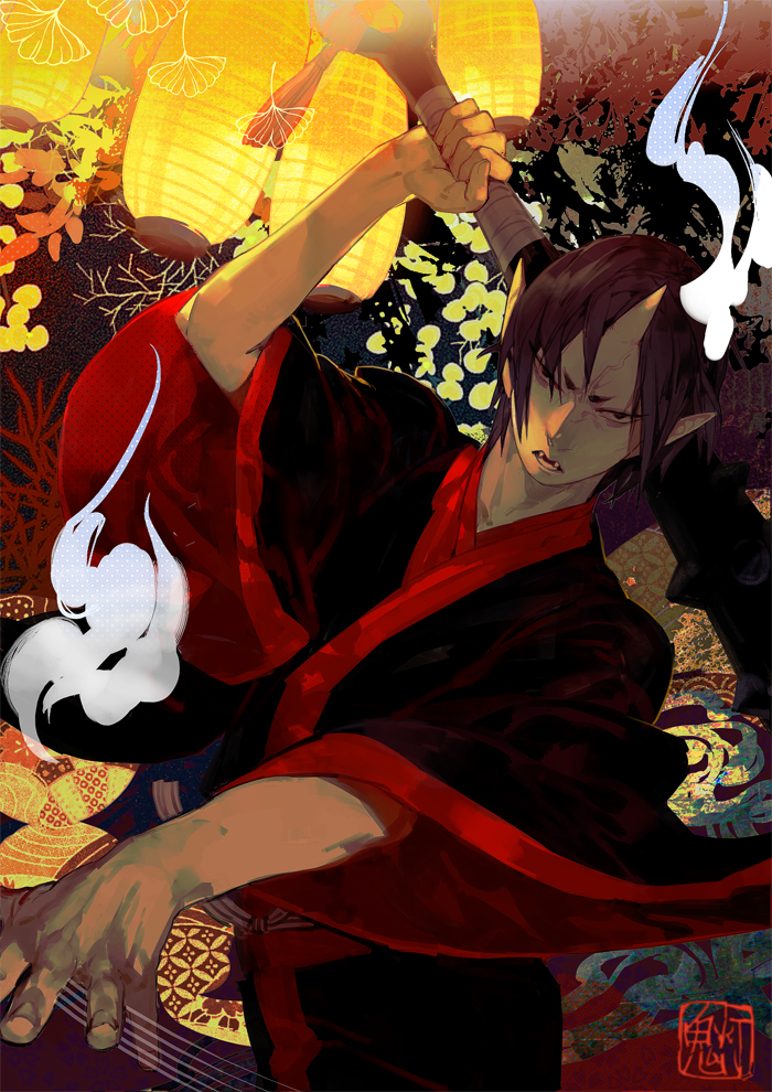 1boy angry arm_up backlighting black_eyes black_hair black_kimono demon demon_boy epic fangs ginkgo holding holding_weapon hoozuki_(hoozuki_no_reitetsu) hoozuki_no_reitetsu horns japanese_clothes kimono lantern leaf long_sleeves looking_at_viewer mace male_focus open_mouth pointy_ears shishio short_hair solo standing steam weapon wide_sleeves