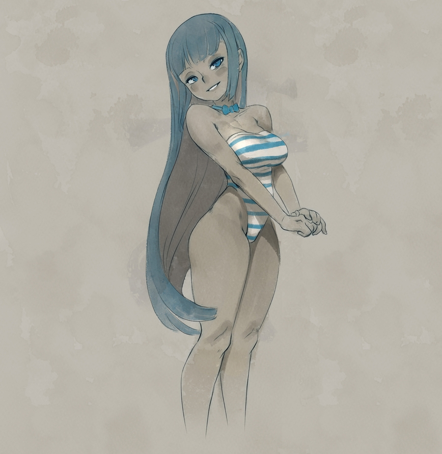 1girl bangs blue_bow blue_eyes blue_hair blue_leotard blunt_bangs blush_stickers bow bowtie breasts cleavage cropped_legs head_tilt highleg highleg_leotard legs leotard long_hair looking_at_viewer medium_breasts original sketch solo spot_color standing strapless strapless_leotard striped_leotard v_arms very_long_hair white_leotard xavier_houssin