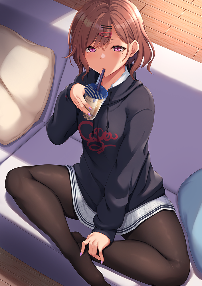 1girl black_sweater brown_hair brown_legwear bubble_tea commentary_request couch cup disposable_cup drawstring drinking drinking_straw from_above hair_ornament hairclip higuchi_madoka holding holding_cup idolmaster idolmaster_shiny_colors long_sleeves looking_at_viewer miniskirt mole mole_under_eye momo_no_kanzume nail_polish no_shoes on_couch pantyhose pillow pink_eyes purple_nails short_hair sitting skirt solo sweater white_skirt