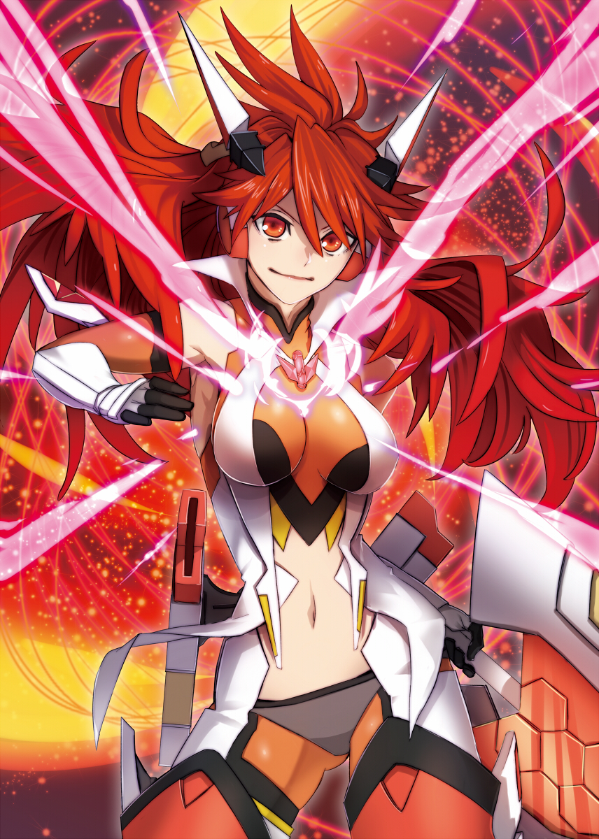 1girl amou_kanade bangs breasts breasts_apart closed_mouth commentary_request contrapposto cowboy_shot detached_sleeves floating_hair gloves grey_panties hair_between_eyes highres hinomoto_madoka holding holding_weapon long_hair looking_at_viewer medium_breasts midriff navel panties red_eyes red_hair senki_zesshou_symphogear shiny shiny_hair smile solo standing stomach underwear very_long_hair weapon