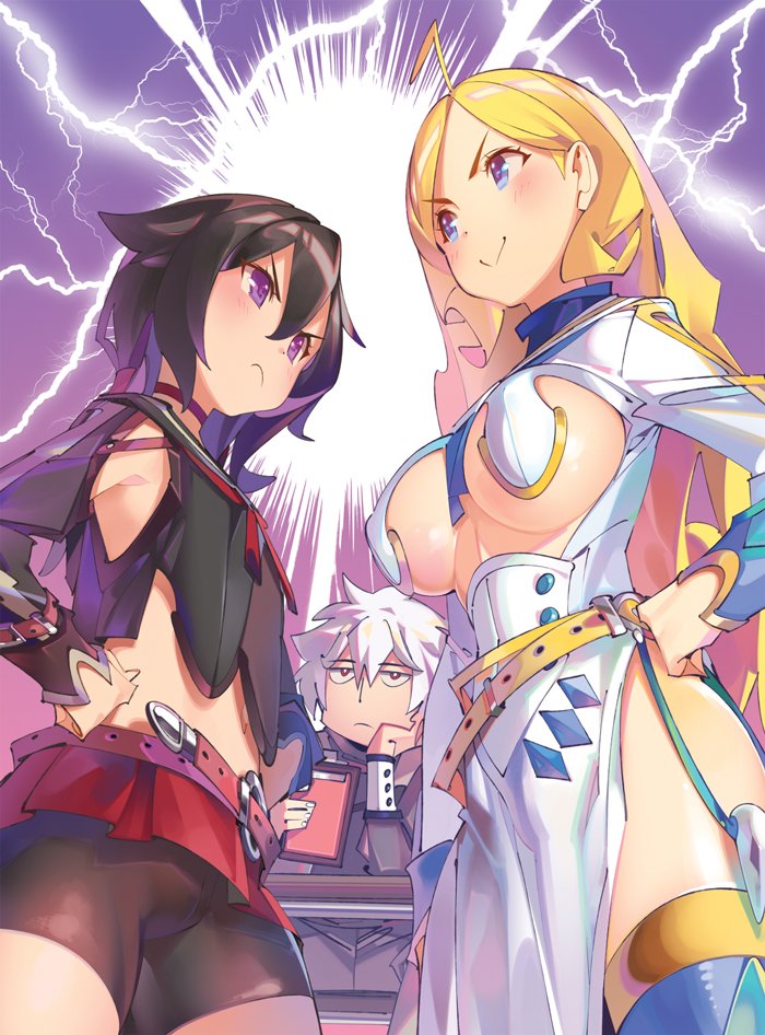 1boy 2girls :&lt; ahoge bangs belt bike_shorts black_hair blonde_hair blue_eyes blue_legwear blush breasts check_commentary closed_mouth commentary_request cowboy_shot crop_top dress electricity from_below frown hagure_madou_kyoushi_no_unlimited_eiyuu_houteishiki hair_between_eyes hair_flaps hands_on_hips large_breasts lily_hilton long_hair long_sleeves looking_at_another midriff multiple_girls navel novel_illustration official_art parted_bangs pelvic_curtain pop_kyun purple_eyes rosa_wild short_hair shorts shorts_under_skirt small_breasts smile standing thighhighs underboob v-shaped_eyebrows white_dress