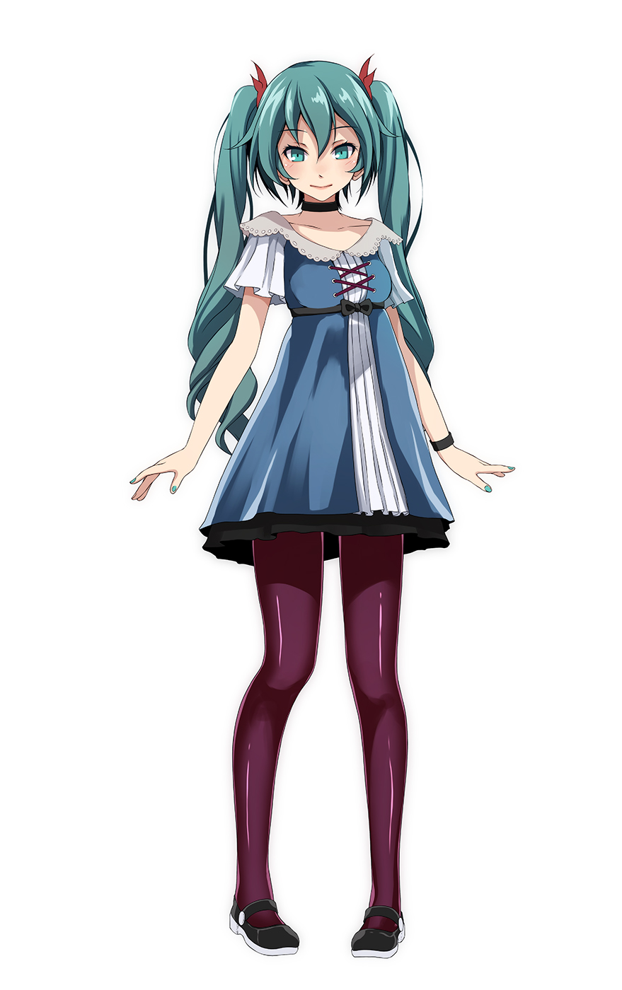 1girl bangs black_bow black_footwear blue_dress blue_eyes blue_hair blue_nails bow bracelet choker closed_mouth collarbone commentary dress eyebrows_visible_through_hair full_body hair_between_eyes hair_ornament hatsune_miku highres jewelry long_hair looking_at_viewer nail_polish pantyhose project_diva_(series) purple_legwear regret_(module) shiny shiny_hair shiny_legwear short_dress short_sleeves simple_background smile solo standing tsukishiro_saika twintails very_long_hair vocaloid white_background