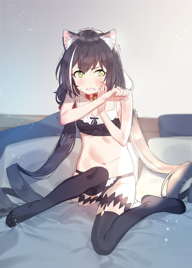 1girl animal_ear_fluff animal_ears bangs bare_arms bare_shoulders bed black_bra black_hair black_legwear black_panties blush bow bow_bra bow_panties bra breasts cat_ears clenched_teeth collar commentary_request eyebrows_visible_through_hair foreshortening green_eyes hair_bow hands_up kyaru_(princess_connect) long_hair looking_at_viewer low_twintails navel no_shoes on_bed panties pillow princess_connect! princess_connect!_re:dive red_bow red_collar ringlets small_breasts solo subachi sweat teeth thighhighs trembling twintails underwear underwear_only very_long_hair