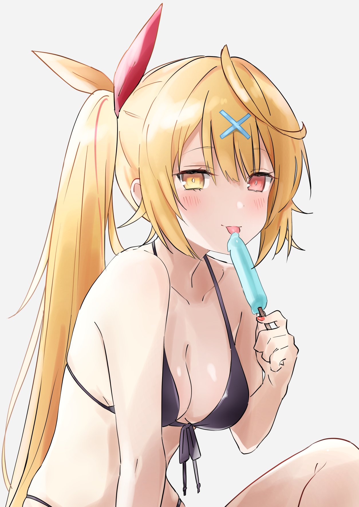 1girl bare_arms bare_legs bare_shoulders bikini black_bikini blonde_hair blush breasts cleavage collarbone commentary food front-tie_bikini front-tie_top h_(2de1flf8) hair_ornament hair_ribbon halter_top halterneck heterochromia highres holding holding_food hoshikawa_sara long_hair looking_at_viewer medium_breasts nijisanji popsicle red_eyes ribbon side_ponytail sidelocks simple_background solo string_bikini swimsuit tongue tongue_out very_long_hair virtual_youtuber white_background x_hair_ornament yellow_eyes