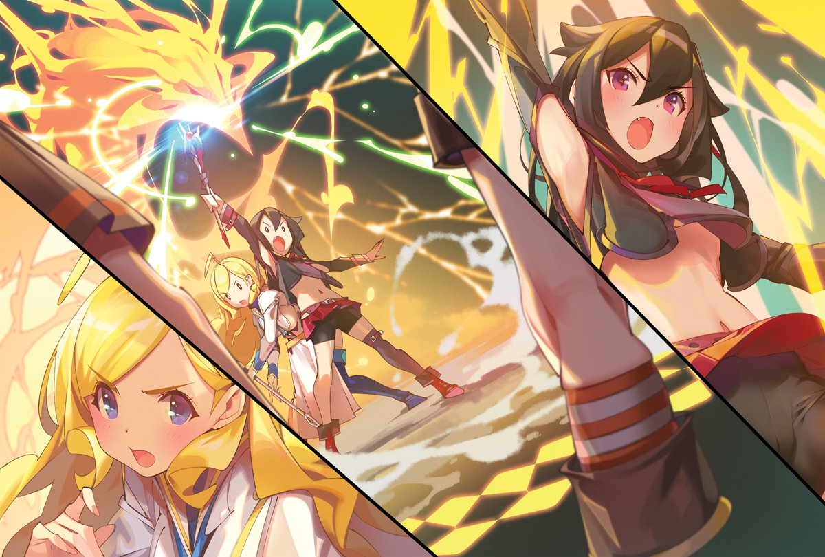 4girls :o ahoge ankle_boots arm_up belt bike_shorts black_hair blonde_hair blue_eyes blush boots breasts crop_top dress electricity flat_chest hagure_madou_kyoushi_no_unlimited_eiyuu_houteishiki hair_between_eyes hair_flaps holding kneepits large_breasts lily_hilton long_hair long_sleeves looking_at_viewer magic midriff multiple_girls multiple_views navel novel_illustration official_art open_mouth outstretched_arms pop_kyun purple_eyes rosa_wild short_hair shorts shorts_under_skirt single_thighhigh standing thighhighs v-shaped_eyebrows white_dress