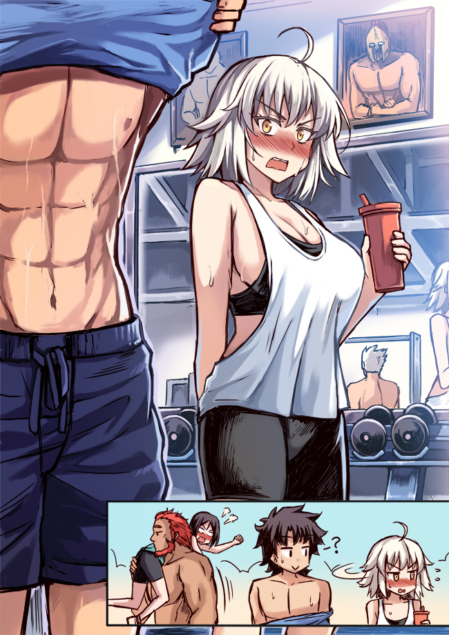 1girl 4boys abs alexander_(fate/grand_order) archer bangs beard black_hair breasts carrying carrying_over_shoulder chest commentary dumbbell facial_hair fate/grand_order fate_(series) flustered fujimaru_ritsuka_(male) gym gym_shorts hetero jeanne_d'arc_(alter)_(fate) jeanne_d'arc_(fate)_(all) large_breasts leonidas_(fate/grand_order) mirror multiple_boys muscle peach_(momozen) pectorals red_hair rider_(fate/zero) shirt_lift shirtless short_hair shorts silver_hair sports_bra sportswear tank_top tsurime undressing waver_velvet white_hair yellow_eyes