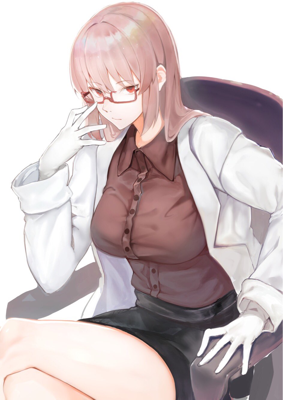 1girl adjusting_eyewear bespectacled breasts closed_mouth crossed_legs fate/grand_order fate_(series) florence_nightingale_(fate/grand_order) glasses gloves harutask highres labcoat large_breasts looking_at_viewer pink_hair red-framed_eyewear red_eyes semi-rimless_eyewear solo under-rim_eyewear white_gloves