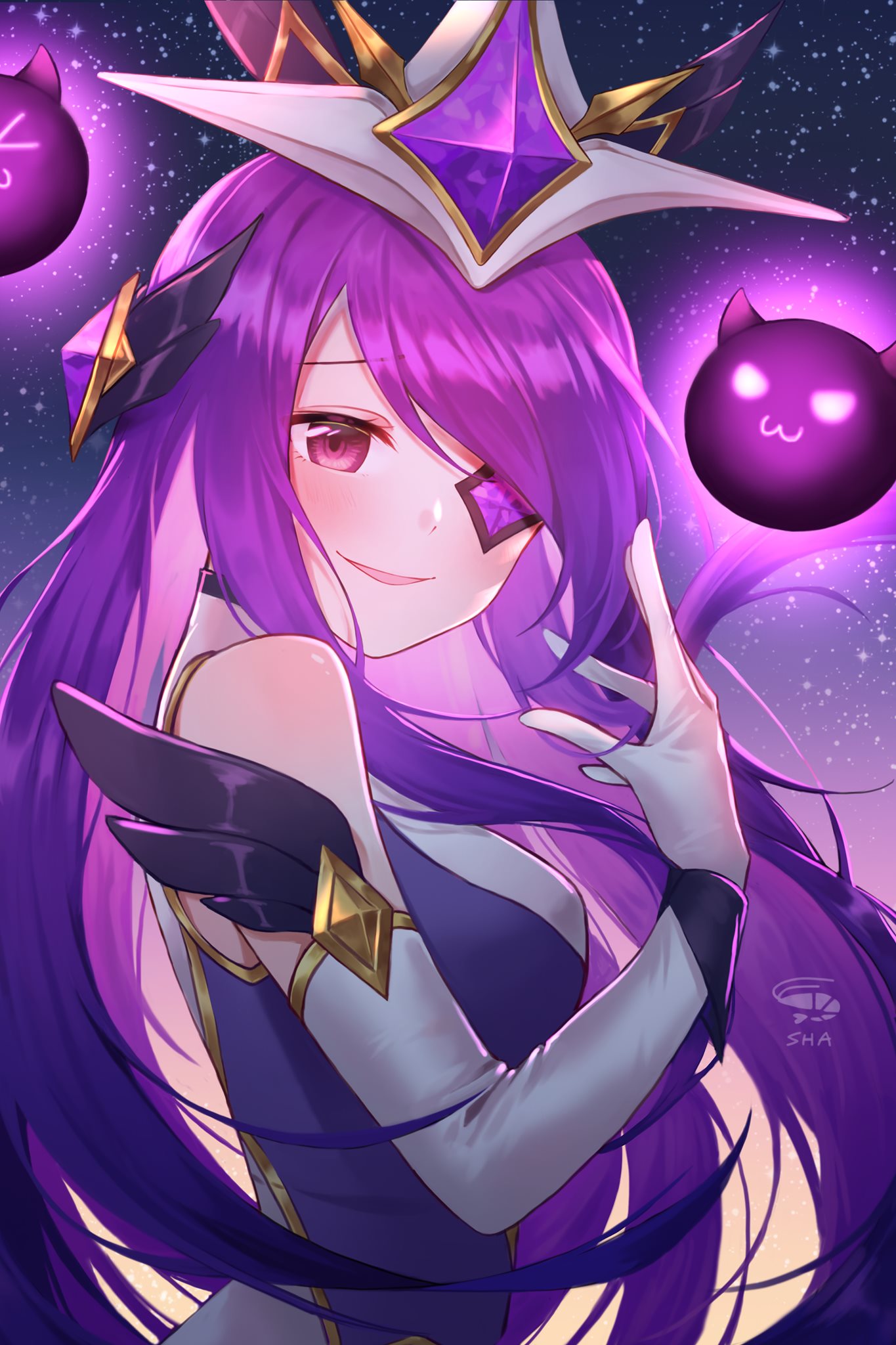 1girl artist_name bangs bare_shoulders breasts elbow_gloves eyebrows_visible_through_hair eyepatch from_side gloves gradient gradient_background hair_ornament highres large_breasts league_of_legends long_hair pink_eyes purple_hair shiny shiny_hair shiny_skin shrimp_cake smile solo star_guardian_(league_of_legends) star_guardian_syndra starry_background syndra upper_body watermark white_gloves