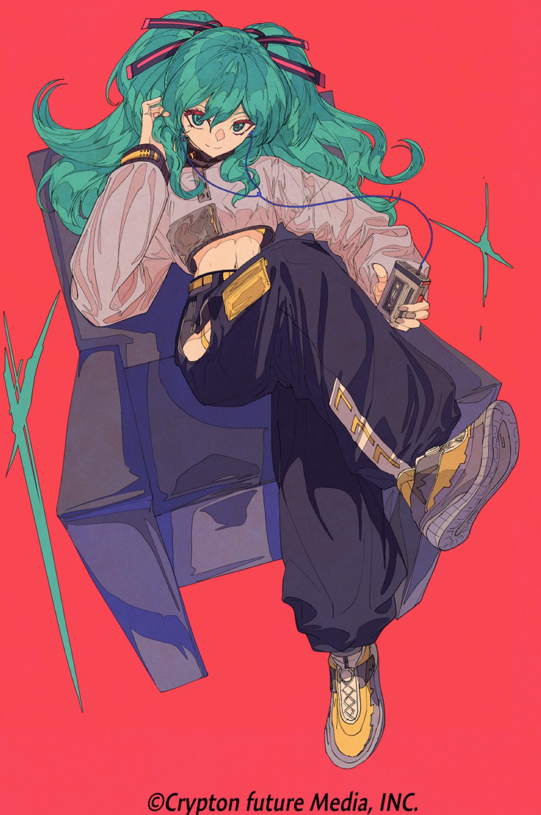 1girl alternate_costume aqua_eyes aqua_hair baggy_pants black_panther chair crop_top crossed_legs english_text flat_color full_body grey_shirt hairband hatsune_miku highres hip_vent kogecha_(coge_ch) ligne_claire long_hair long_sleeves looking_at_viewer midriff navel original panther pants red_background shirt shoes simple_background solo vocaloid