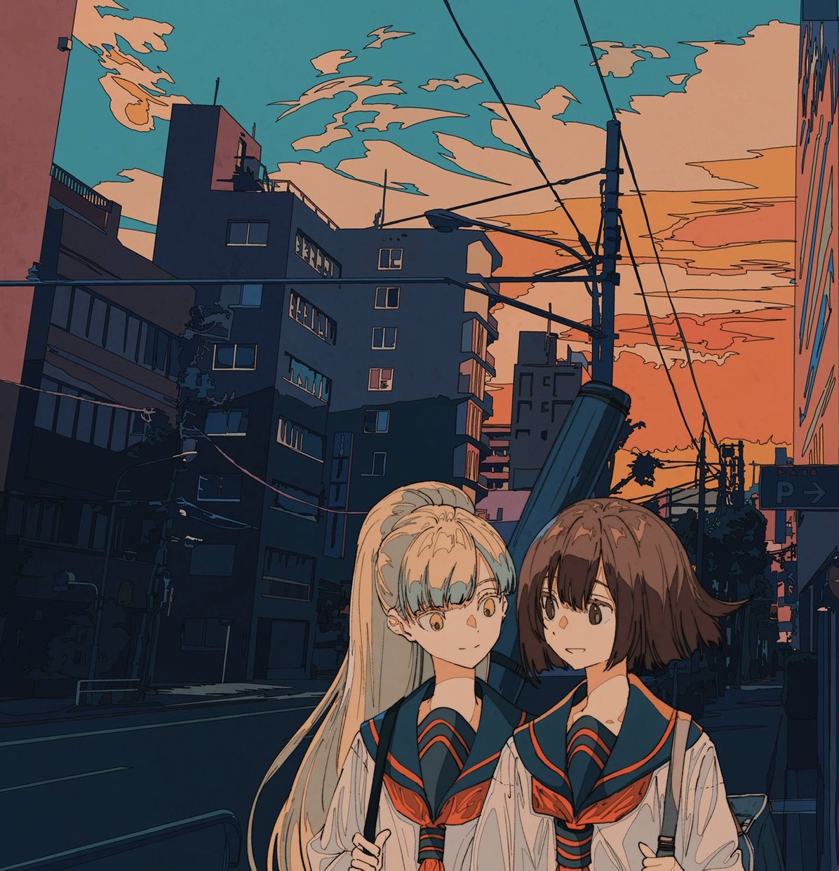 2girls backpack bag bangs blonde_hair brown_eyes brown_hair cloud cloudy_sky flat_color highres kogecha_(coge_ch) ligne_claire long_hair multiple_girls neckerchief orange_neckwear original outdoors power_lines sailor_collar shirt short_hair sky smile twilight upper_body white_shirt yellow_eyes