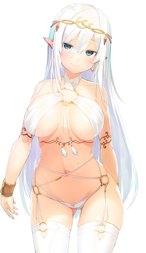 1girl armlet ass_visible_through_thighs bare_shoulders bikini blue_eyes bracelet breasts breasts_apart circlet closed_mouth collarbone commentary_request cowboy_shot earrings elf garter_straps hair_between_eyes halter_top halterneck head_tilt headdress hoop_earrings jewelry jitome large_breasts long_hair looking_at_viewer meth_(emethmeth) multi-strapped_bikini navel o-ring o-ring_bikini o-ring_bottom o-ring_top original pointy_ears revealing_clothes sidelocks simple_background skindentation smile solo stomach swimsuit thighhighs very_long_hair wet white_background white_bikini white_hair white_legwear