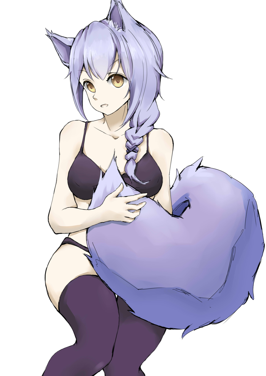 1girl animal_ears arknights bangs bare_arms bare_shoulders bra braid breasts collarbone commentary feet_out_of_frame hair_over_shoulder highres long_hair looking_at_viewer medium_breasts panties parted_lips provence_(arknights) purple_bra purple_hair purple_legwear purple_panties senmiao simple_background single_braid sitting solo tail thighhighs thighs underwear white_background wolf_ears wolf_tail yellow_eyes
